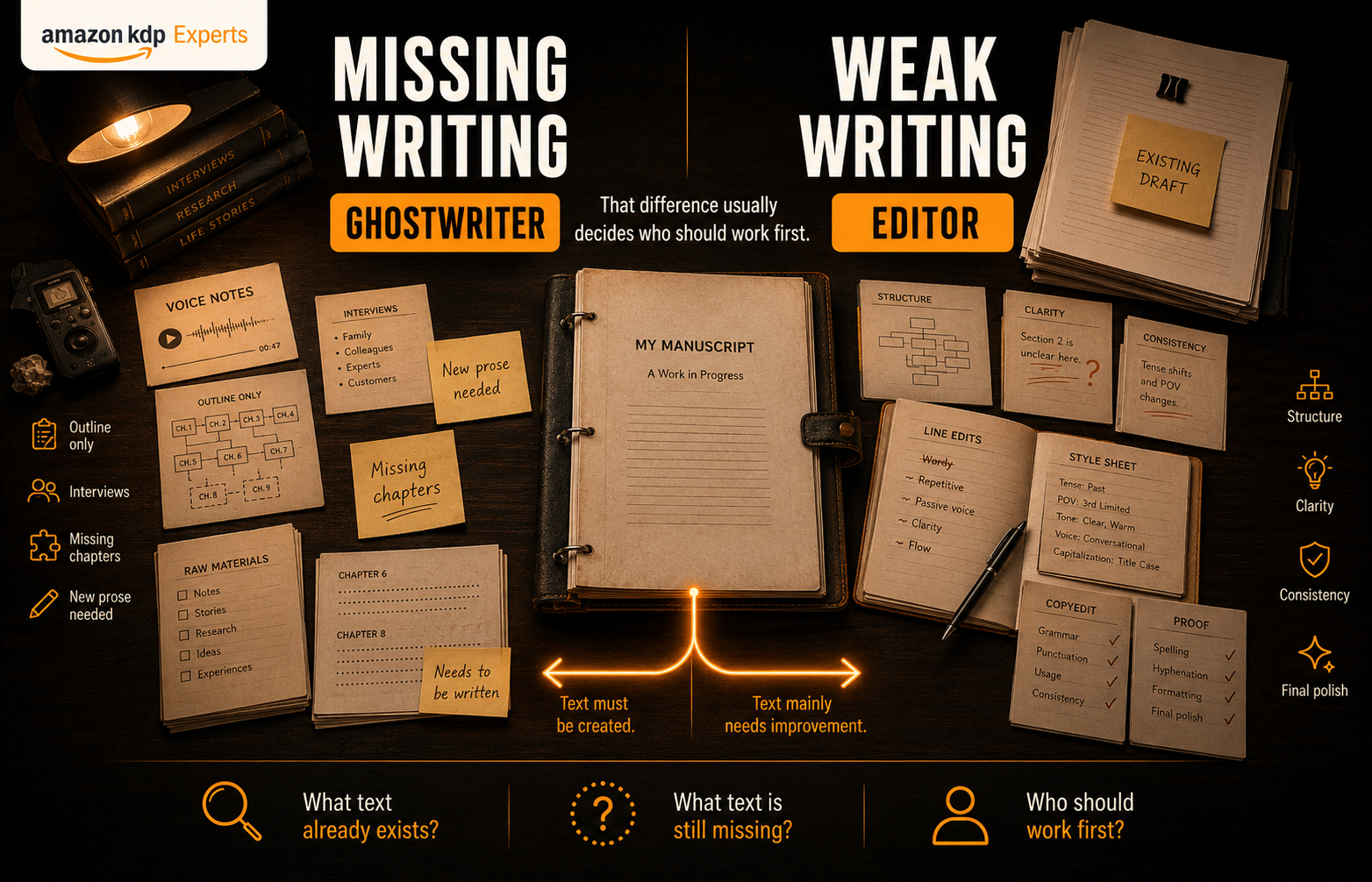 Missing writing points to a ghostwriter; weak writing points to an editor